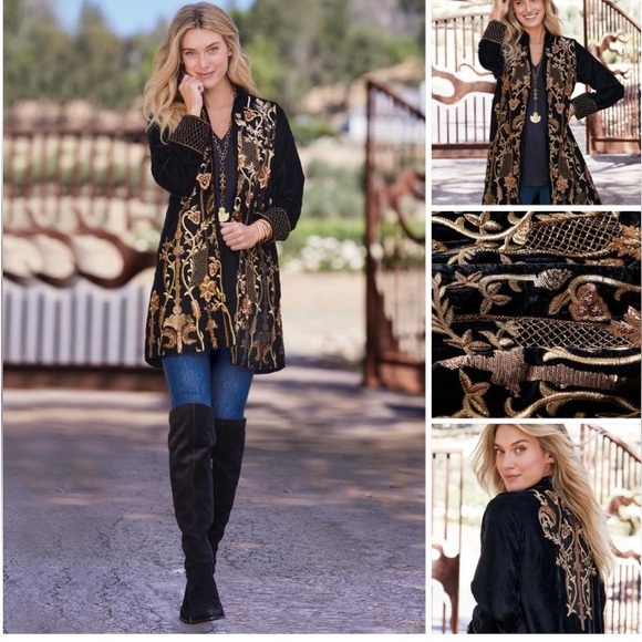 Soft Surroundings Antoinette Velvet black long embroidered beaded jacket Large - Picture 3 of 16